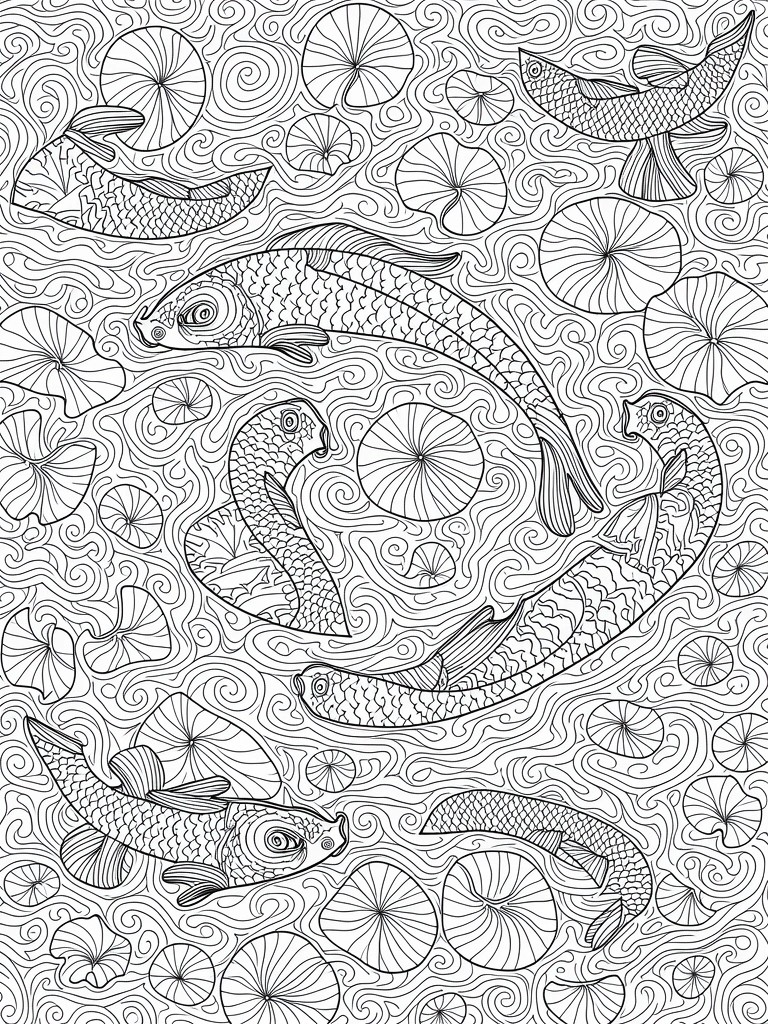 Detailed line art of koi fish swimming among lily pads and swirls.