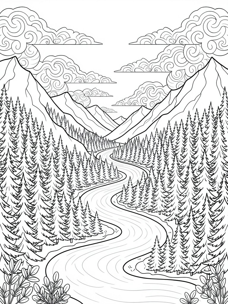 A black and white line drawing of a mountain landscape with a winding river, dense pine forests on both sides, and swirling clouds above the peaks.
