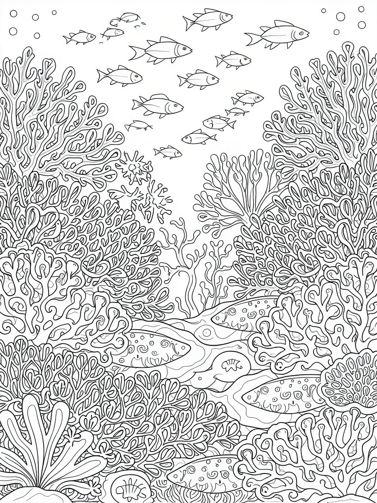 A black and white coloring page shows an underwater scene with fish swimming among coral reefs, seaweed, and sea creatures like shells and a starfish.