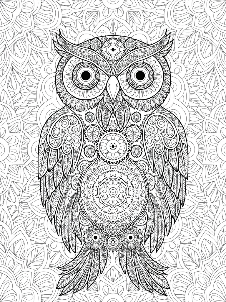 A black and white coloring page of an owl filled with gears, mandalas, and feather patterns against a decorative background.