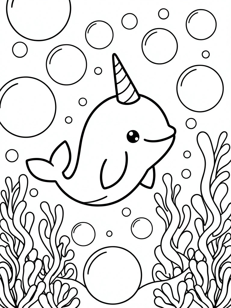 A black and white line drawing of a smiling narwhal with a striped horn surrounded by bubbles and seaweed.