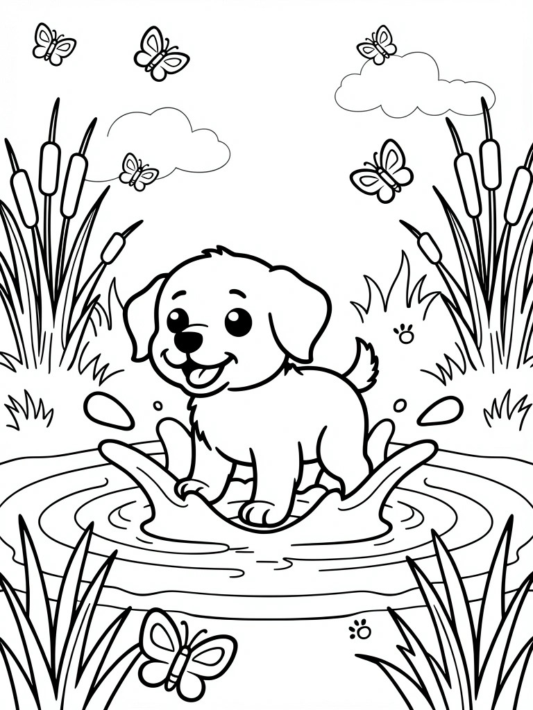 Coloring page of cartoon puppy splashing in pond with butterflies and reeds