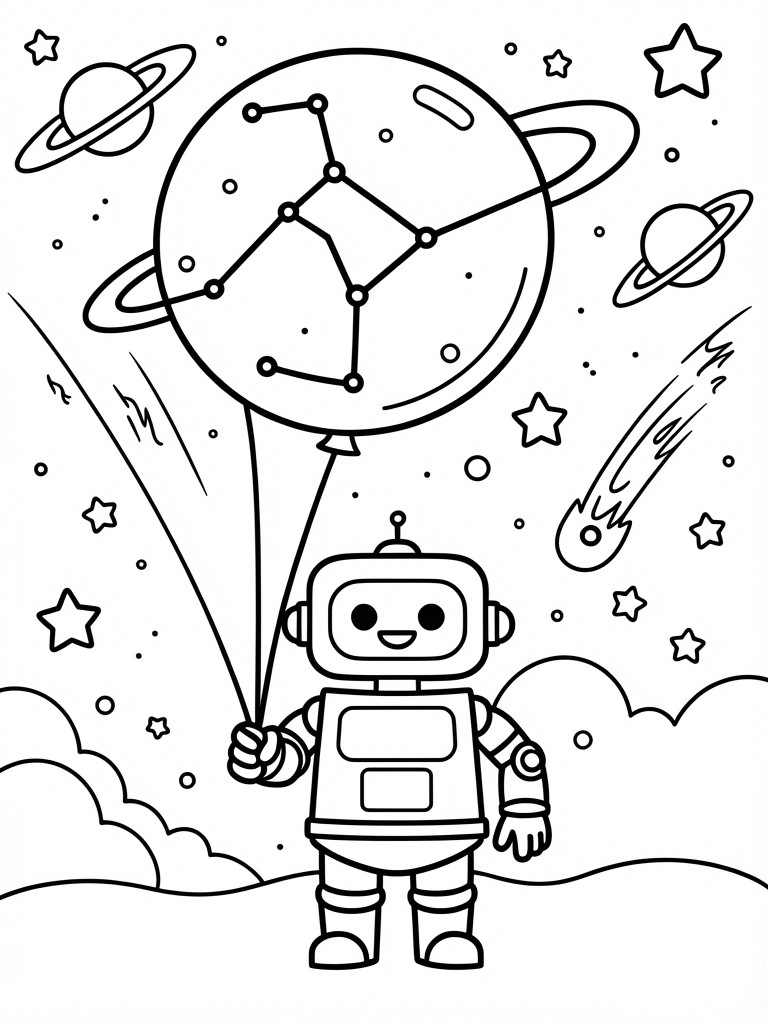 Cartoon robot holding constellation balloon amid stars, planets, and comet in space.