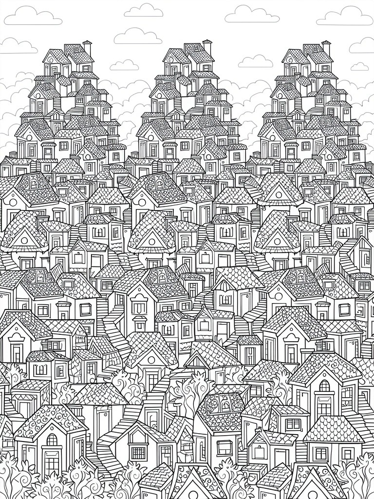 A black and white line drawing of numerous houses stacked on hills with detailed roofs and windows, plus clouds above and trees below.
