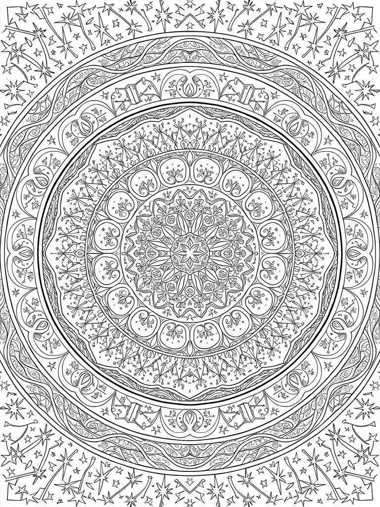 A black and white mandala coloring page with multiple concentric rings of stars, floral patterns, and an outer border of shooting stars and firework shapes.