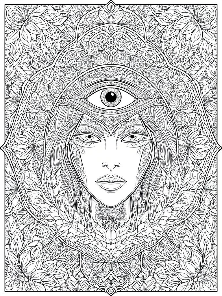 A black and white line drawing of a woman's face with a third eye on the forehead, surrounded by intricate floral and mandala patterns.