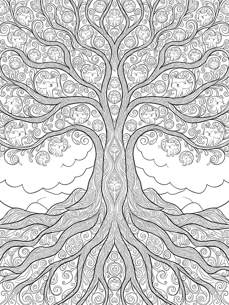 A black and white coloring page of a large tree with swirling lines in the branches and roots plus multiple circular frames containing animal faces.