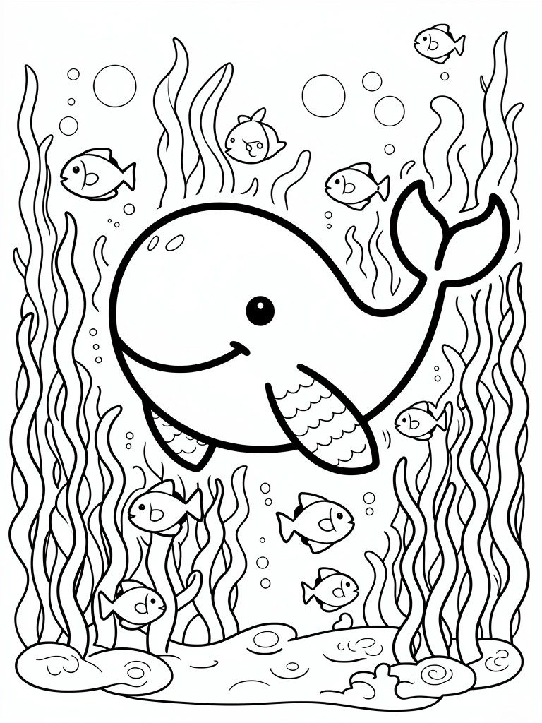 A black and white line drawing of a large smiling whale surrounded by fish, seaweed, bubbles, and ocean floor.