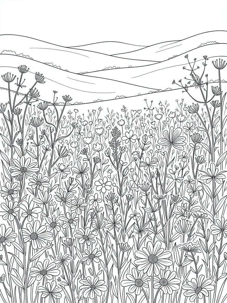 Black and white line drawing of a dense wildflower field with various blooms and rolling hills in the background.