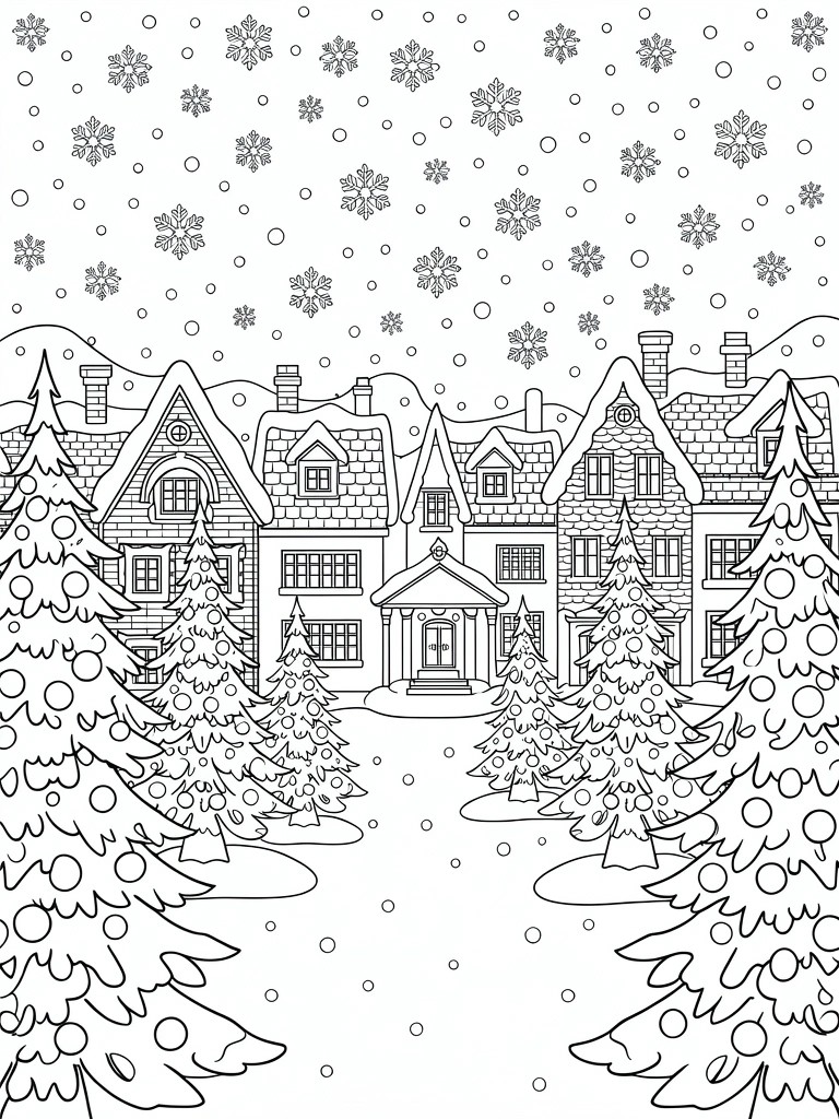 Line art of snowy houses, decorated Christmas trees, and falling snowflakes.