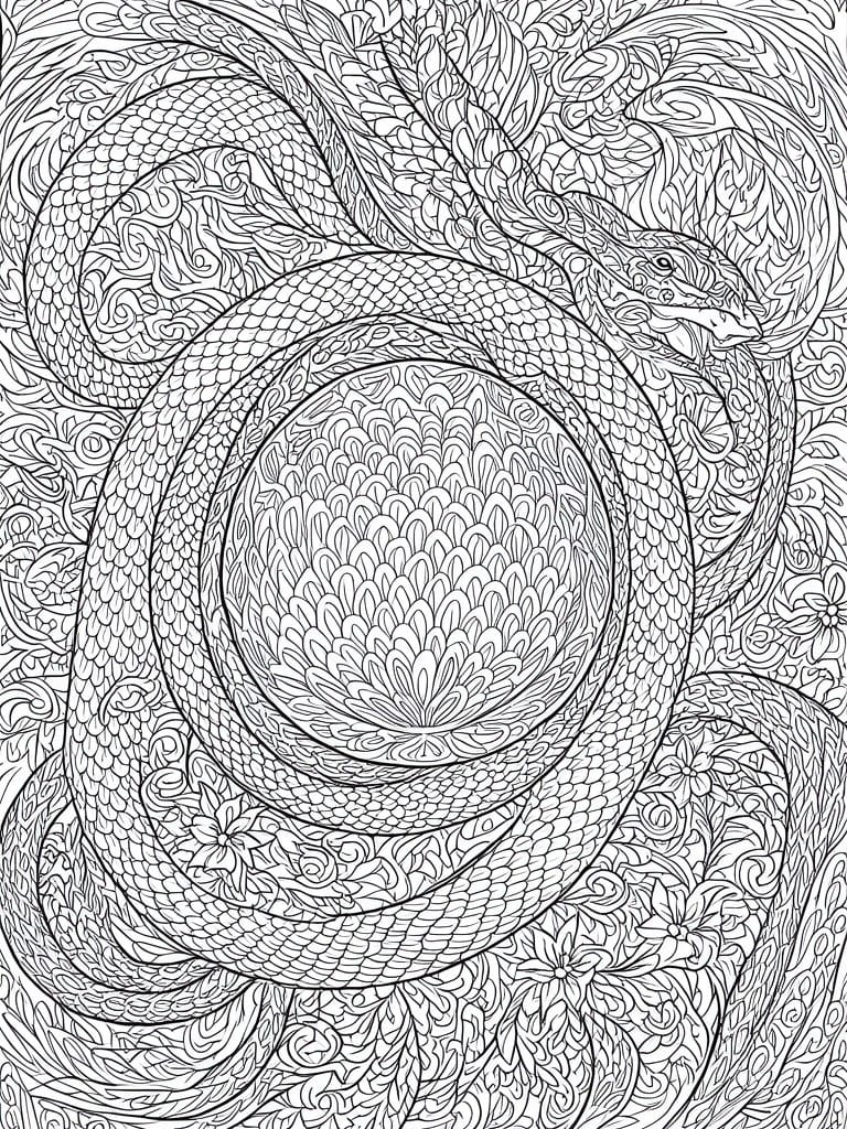 A black and white line drawing of a snake coiled in multiple loops around a central mandala-style flower, with scales, leaves, and floral patterns filling the entire page.