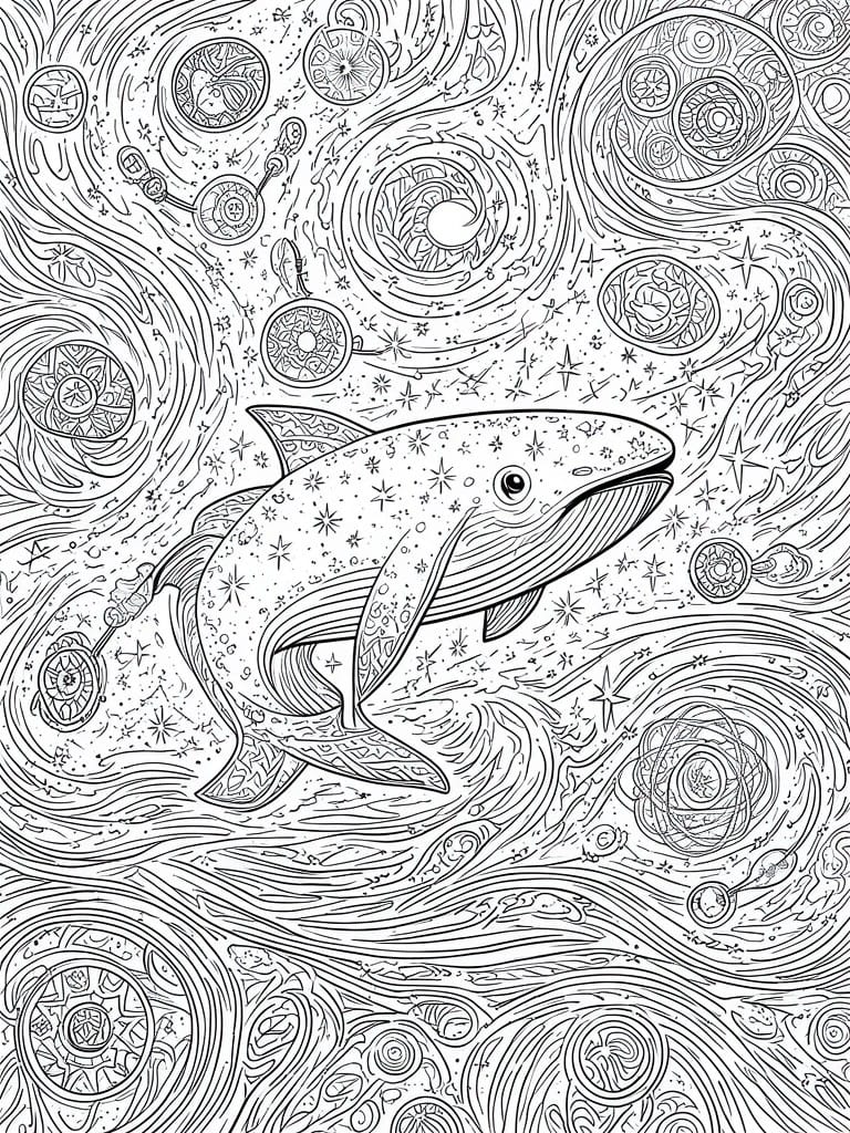 A black and white line drawing of a whale swimming through swirls of stars and ornate circular patterns.