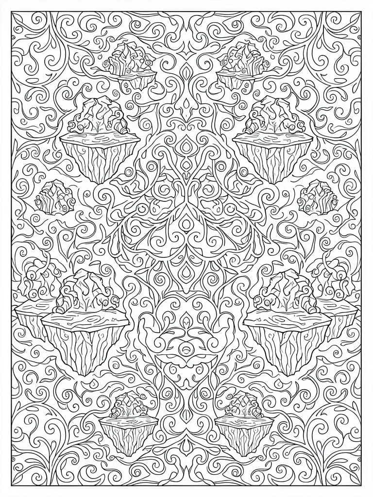 A black and white coloring page with symmetrical floating platforms and crystal formations surrounded by intricate swirling patterns.
