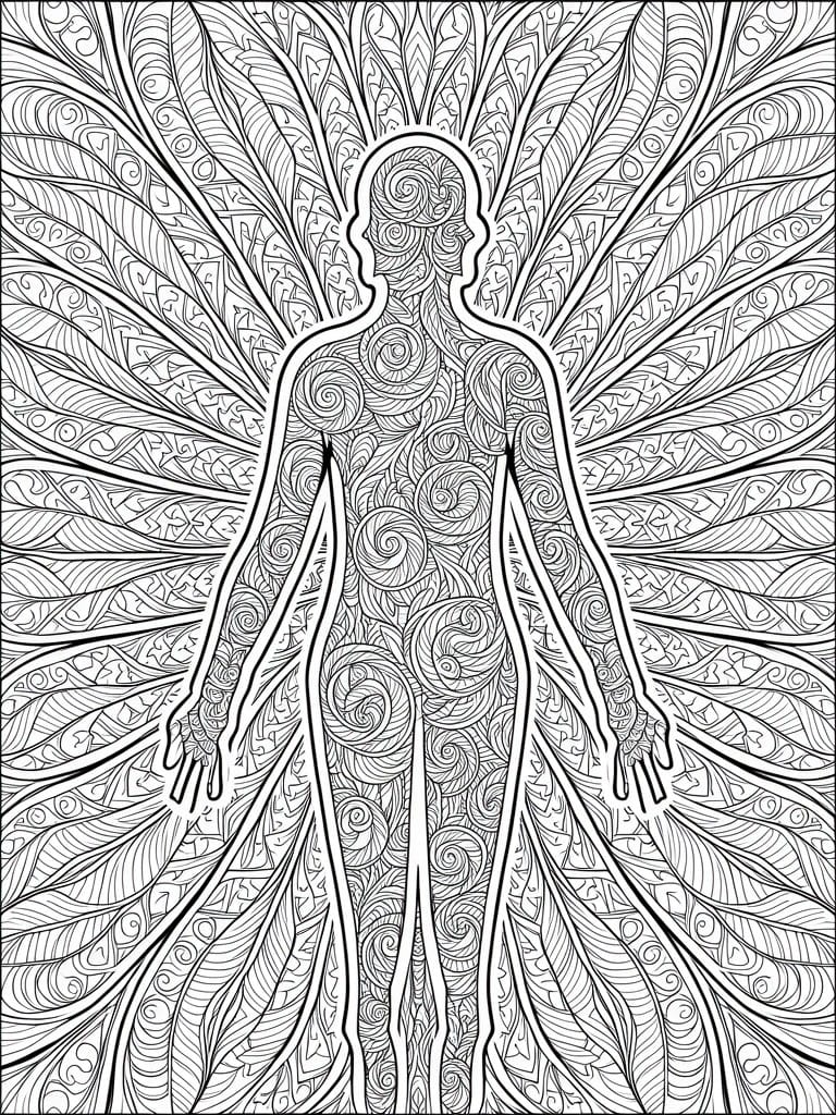 A black and white line drawing shows a human silhouette filled with swirls and surrounded by large radiating feather-like patterns.