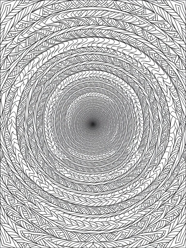 Intricate black and white spiral lines forming a hypnotic vortex tunnel