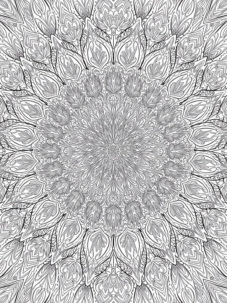 Detailed black-and-white mandala with symmetrical floral and leaf patterns radiating outward.