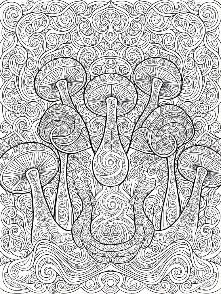 Intricate black-and-white mushroom line art with swirling decorative patterns.