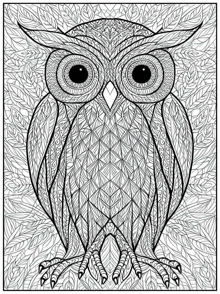 Intricate black-and-white line art of a detailed owl amid leafy patterns.
