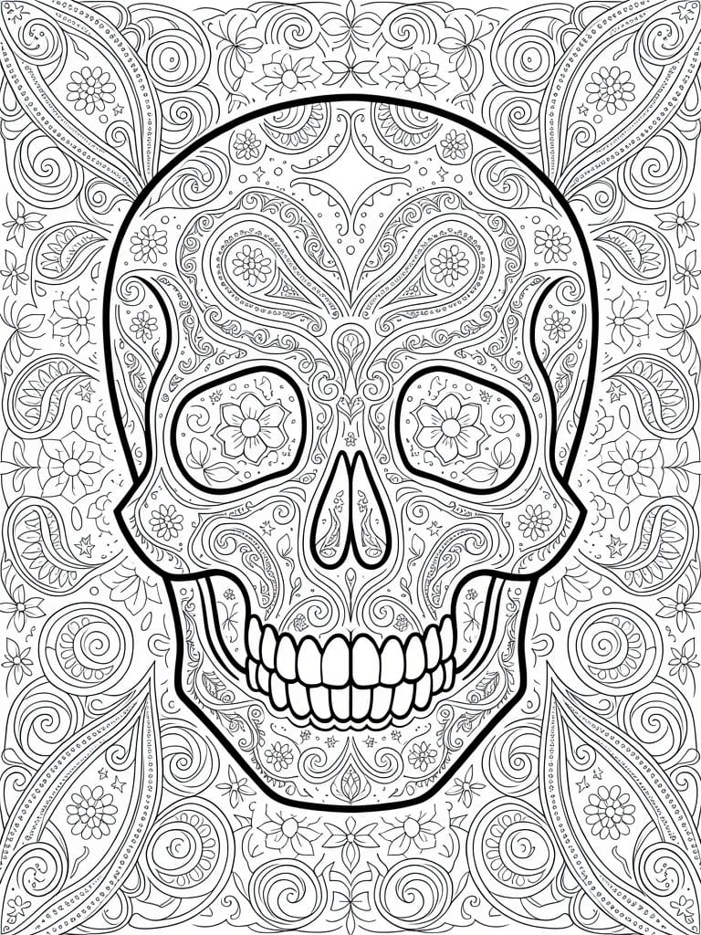 Detailed sugar skull line art with paisley and floral patterns for coloring.