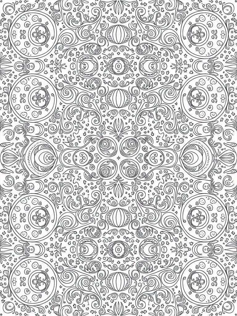 A black and white coloring page filled with intricate circular patterns, swirls, stars, and crescent moons arranged symmetrically.