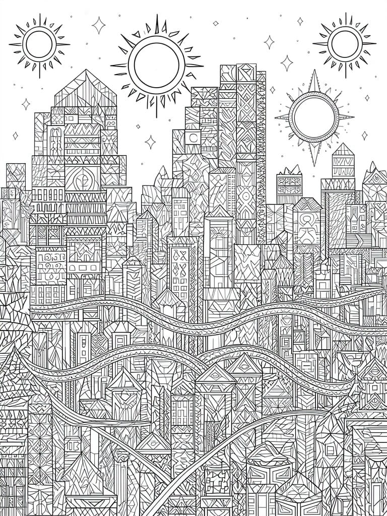 Detailed black-and-white line art of a geometric city skyline with suns and stars