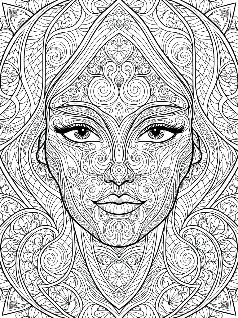 A black and white line drawing of a woman's face covered in intricate psychedelic patterns, swirls, and floral designs.