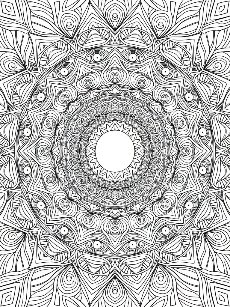 Black and white mandala coloring page with intricate concentric circles and geometric patterns around a blank center.