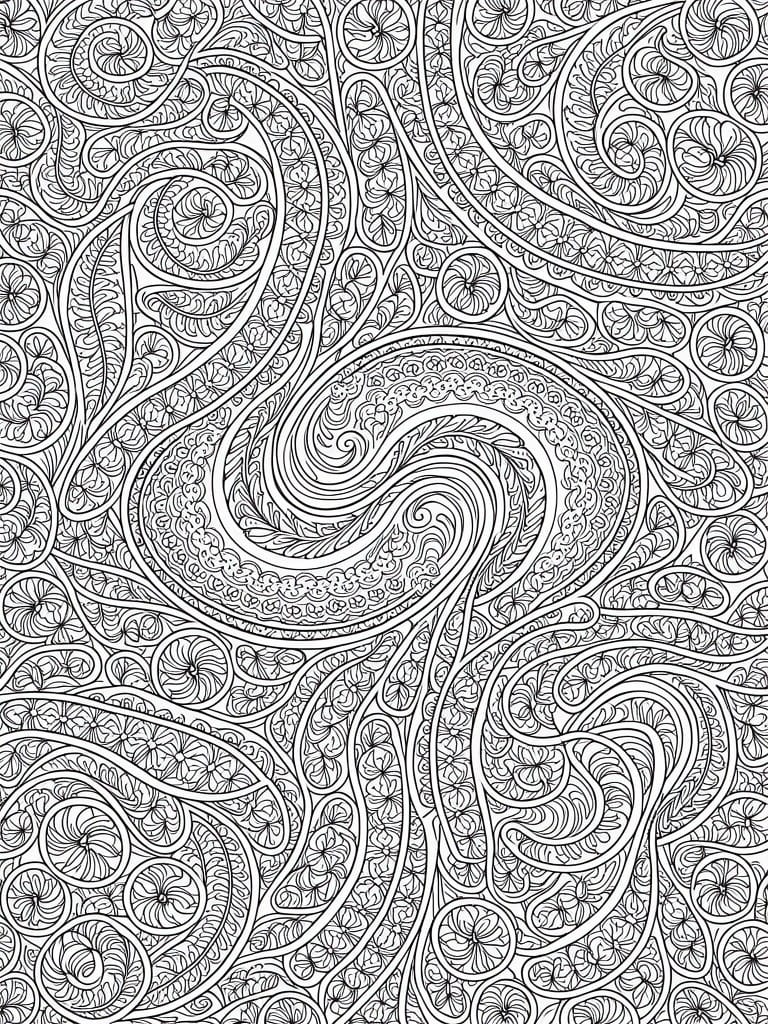 Intricate black and white paisley swirl pattern with floral details