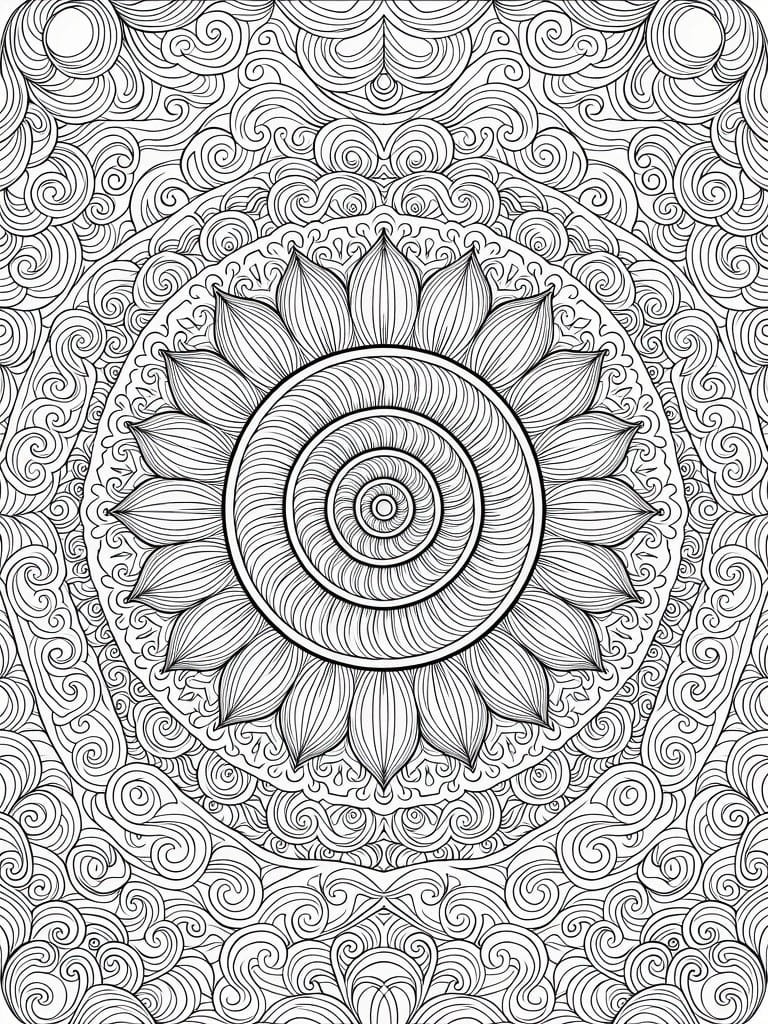A black and white mandala coloring page with a central spiral, surrounding petals, and a background of dense swirling patterns.