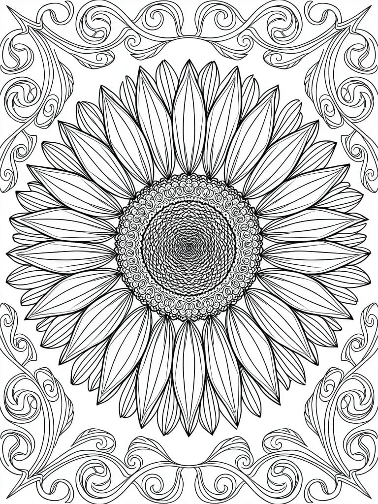 A black and white coloring page featuring a large central sunflower with a spiraled patterned center and decorative swirls framing the edges.