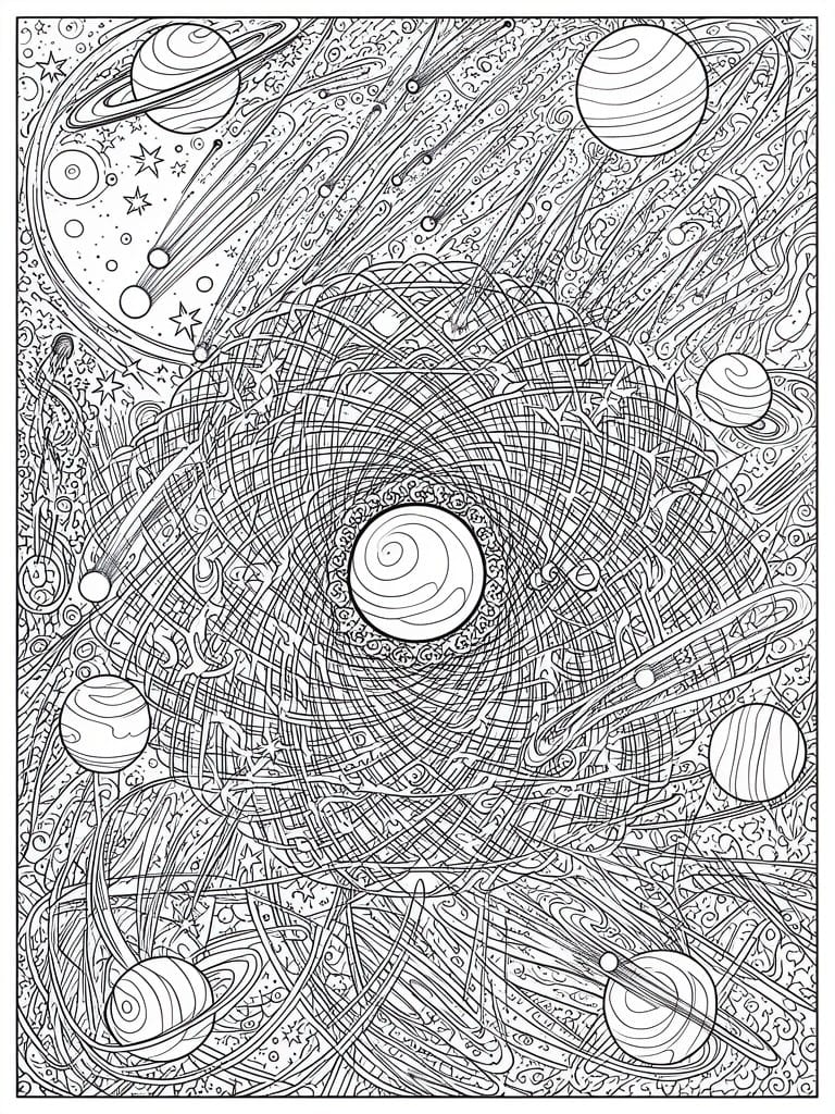 A black and white coloring page of a space scene with a central planet, multiple orbiting planets, shooting stars, and dense swirling line patterns filling the page.