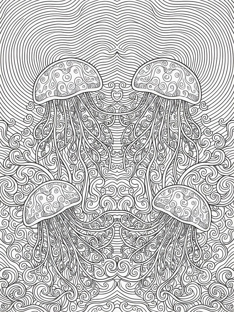 Black and white line art of four jellyfish amid swirling wave patterns.