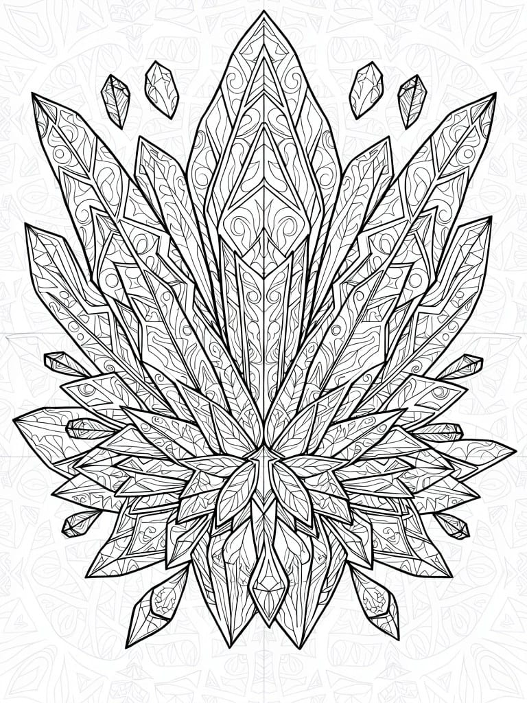 A black and white coloring page of a symmetrical mandala formed by crystal and leaf shapes filled with intricate internal patterns.