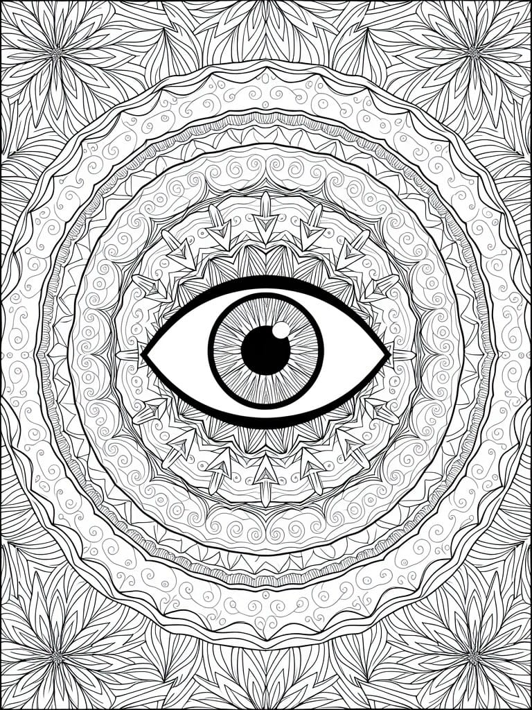Intricate black-and-white mandala with large central eye and geometric patterns.