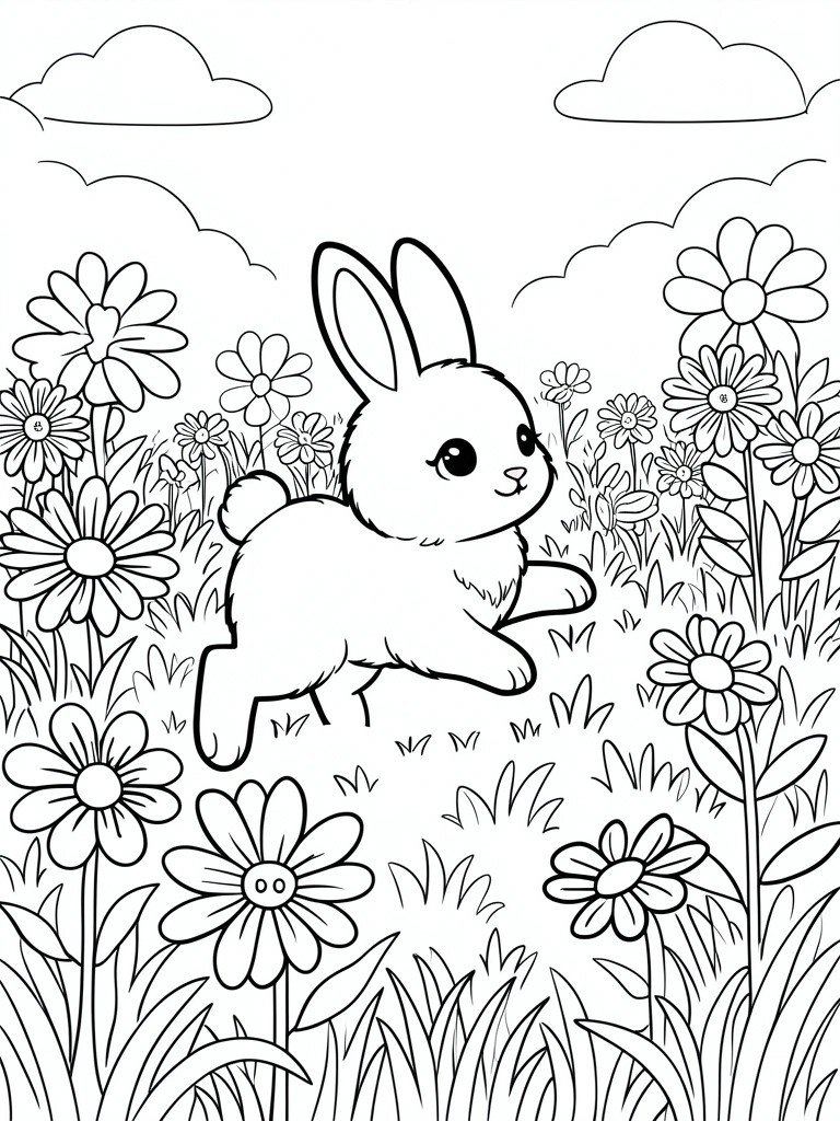 Cute cartoon bunny hopping through a meadow of daisies under clouds