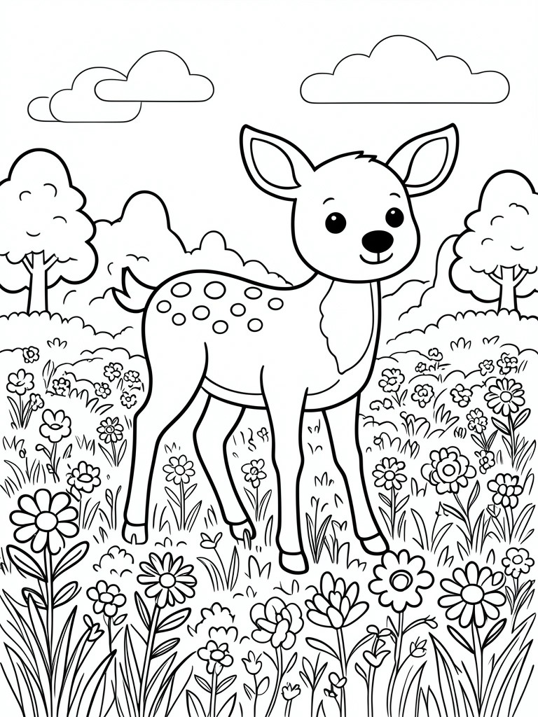 Coloring page of smiling spotted fawn in flower meadow with trees and clouds