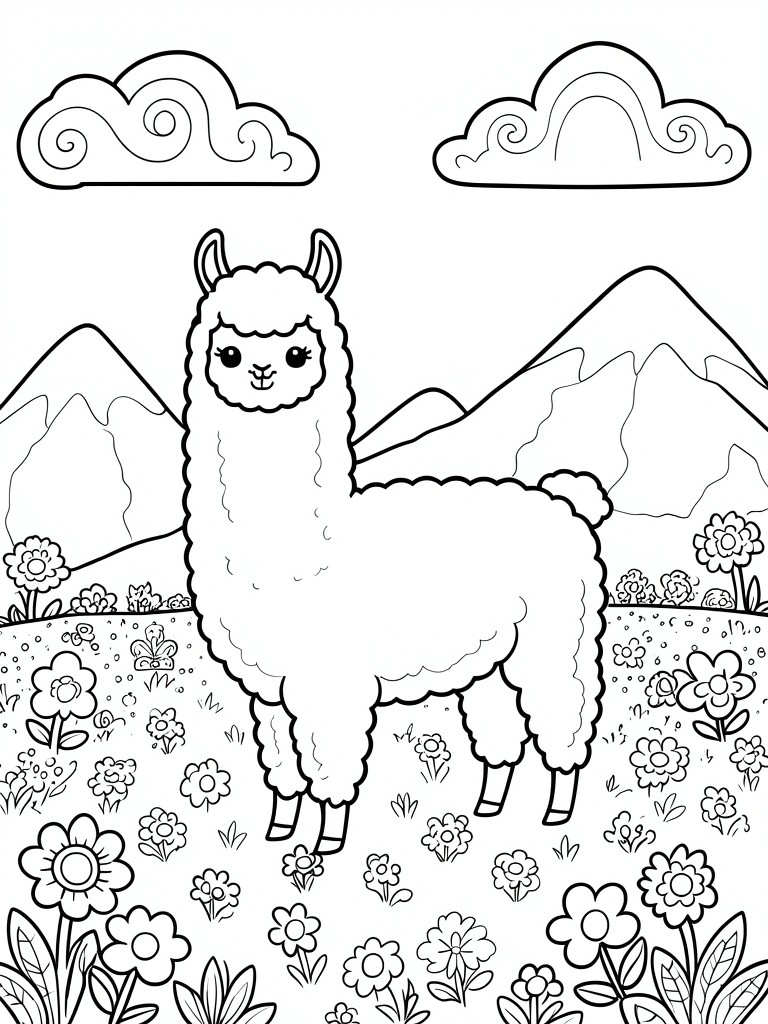 Cute cartoon llama in a flower-filled meadow with mountains and clouds