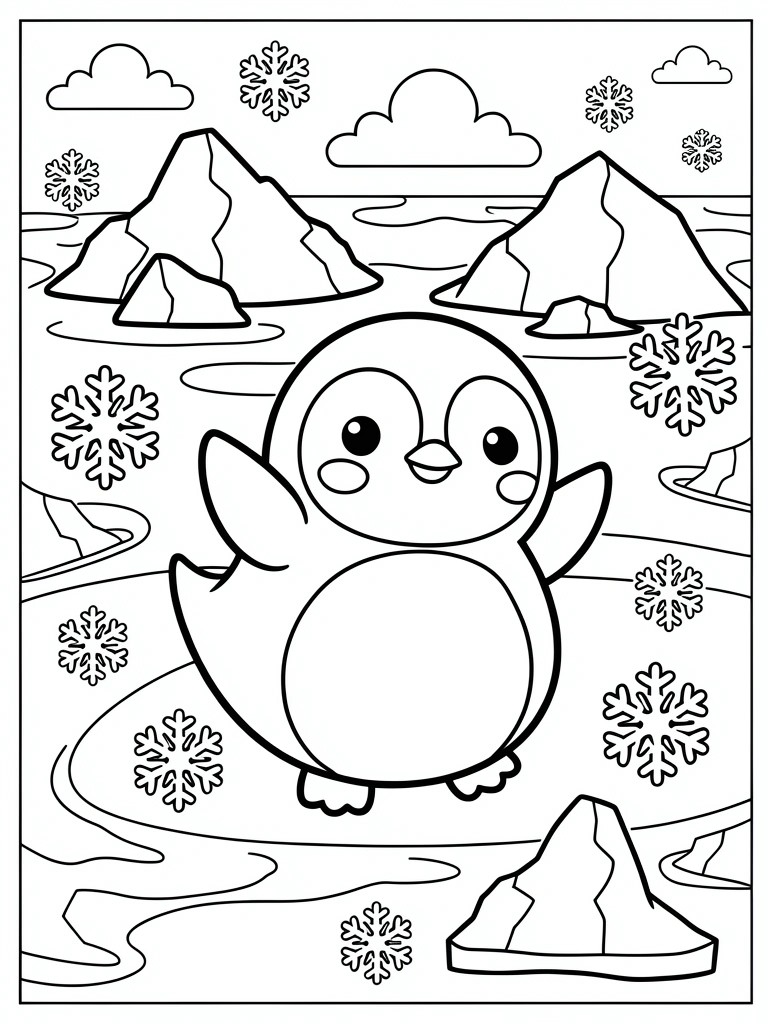 Cute cartoon penguin waving in snowy arctic landscape with snowflakes and mountains.