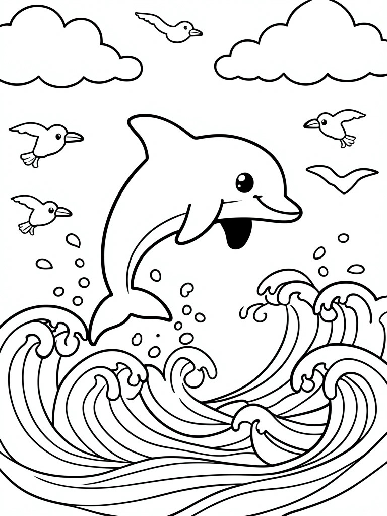 A black and white line drawing of a dolphin jumping out of waves with birds flying nearby and clouds above.
