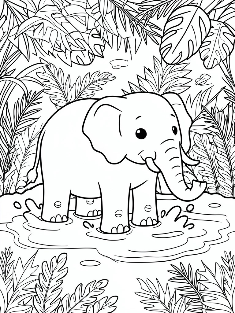 Coloring page of a cute elephant splashing in jungle pond with leaves.