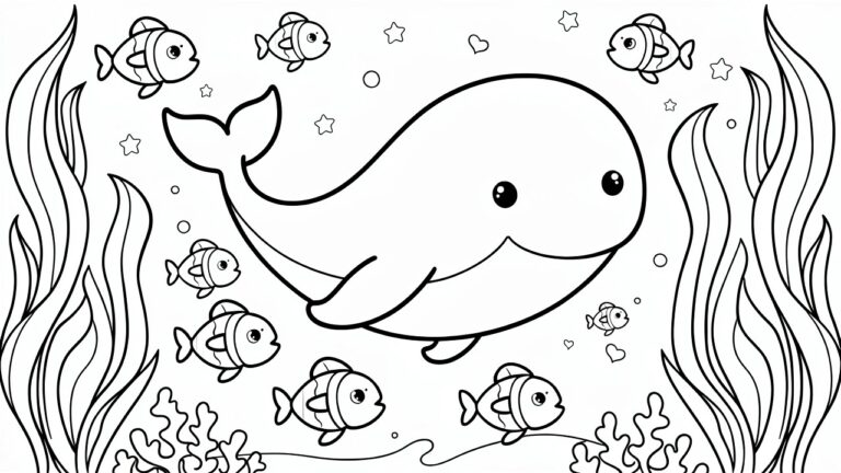 Coloring page of large whale with fish, bubbles, and seaweed underwater.