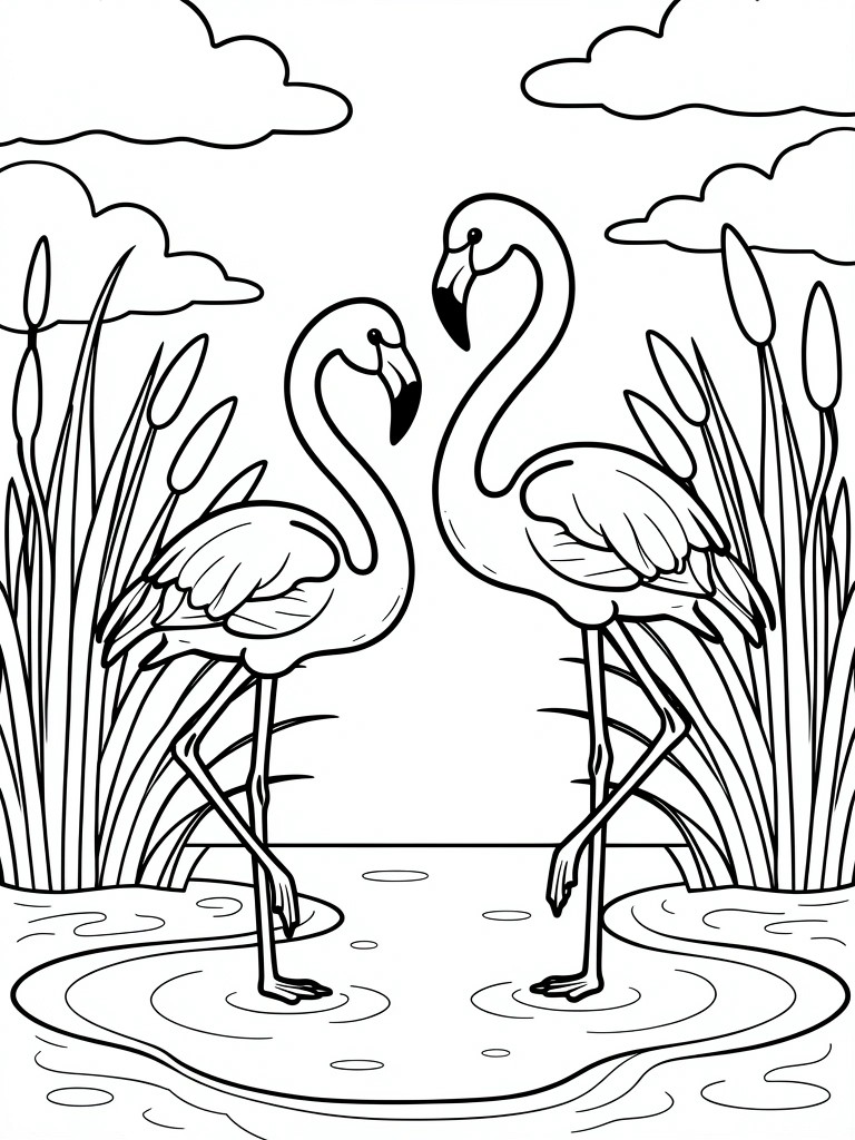 Two flamingos stand in shallow water surrounded by reeds and clouds in a black and white line drawing.