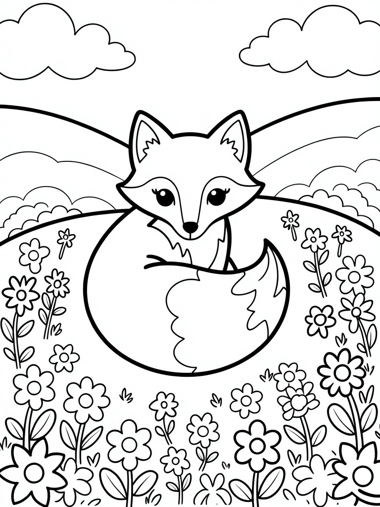 Cute fox curled among flowers under a cloudy sky coloring page