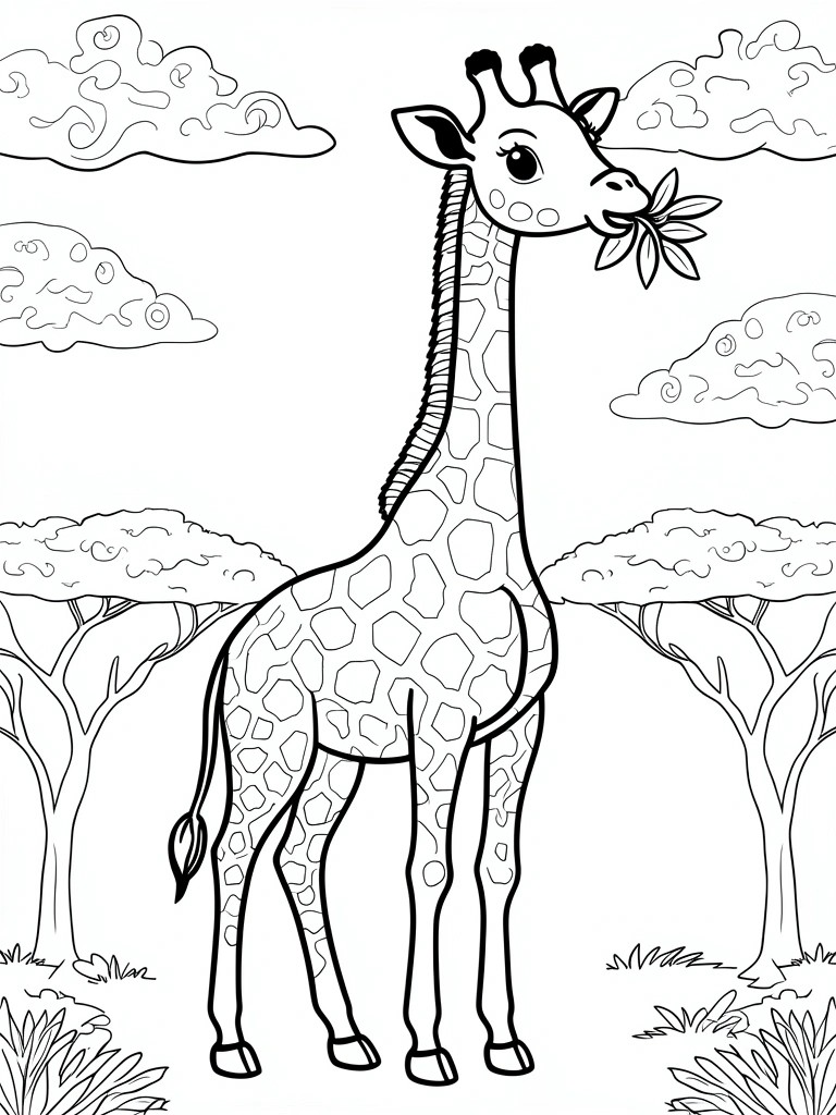 A black and white line drawing of a giraffe standing in a landscape with trees and clouds while eating leaves.