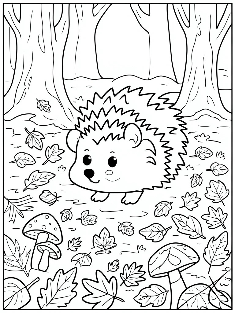Coloring book illustration of a hedgehog in a forest with leaves and mushrooms