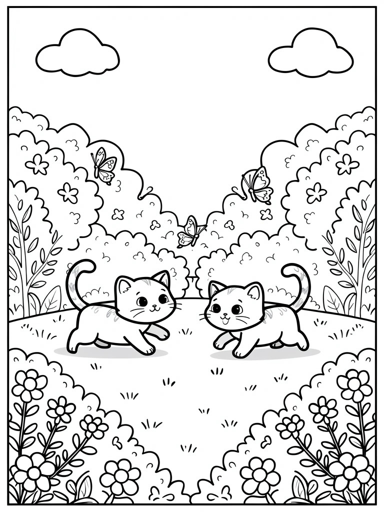 Two cartoon kittens playing amid flowers, butterflies, bushes and clouds.
