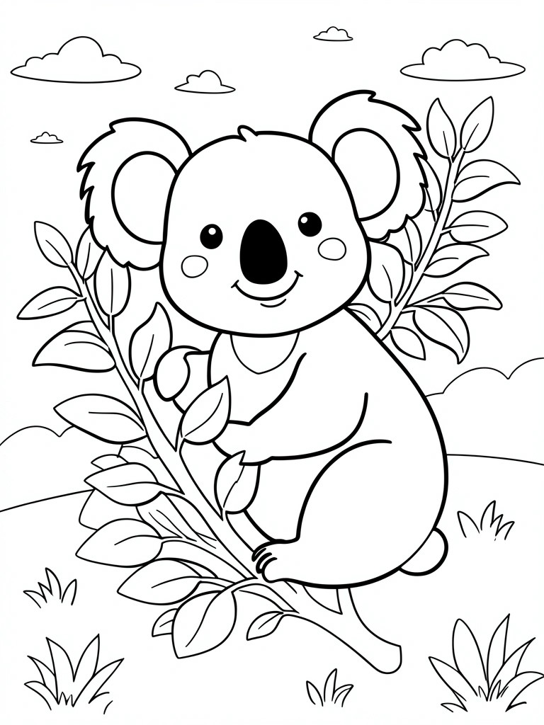 Black-and-white cartoon koala sitting on leafy branch under clouds and grass