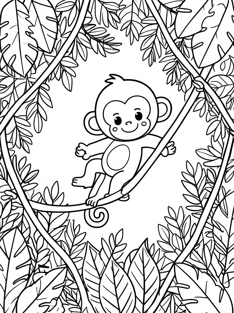 Cartoon monkey swinging on jungle vine amid leafy branches, black and white line art.
