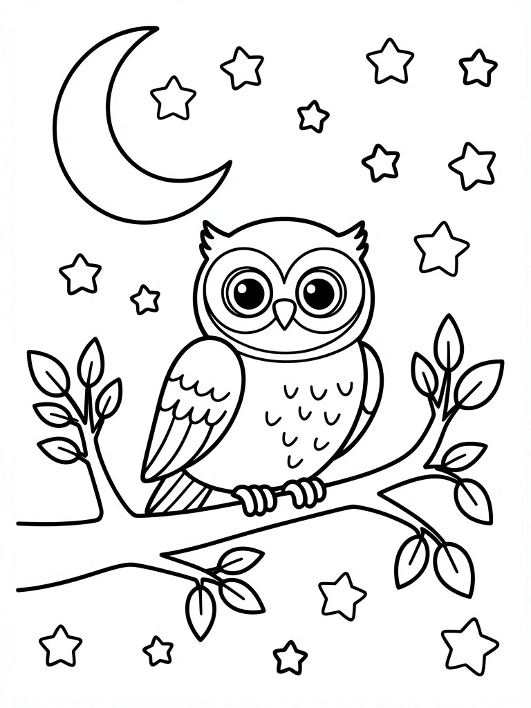 Coloring page of cute owl on branch under crescent moon with stars