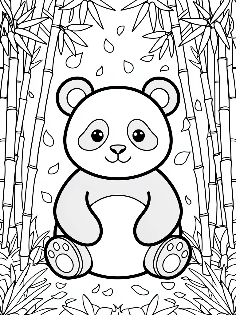 Cute cartoon panda sitting in bamboo forest, black and white coloring page